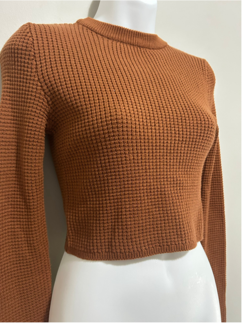 Brown Waffle Knit Long Sleeve Crop Top Size XS - Picture 2 of 8